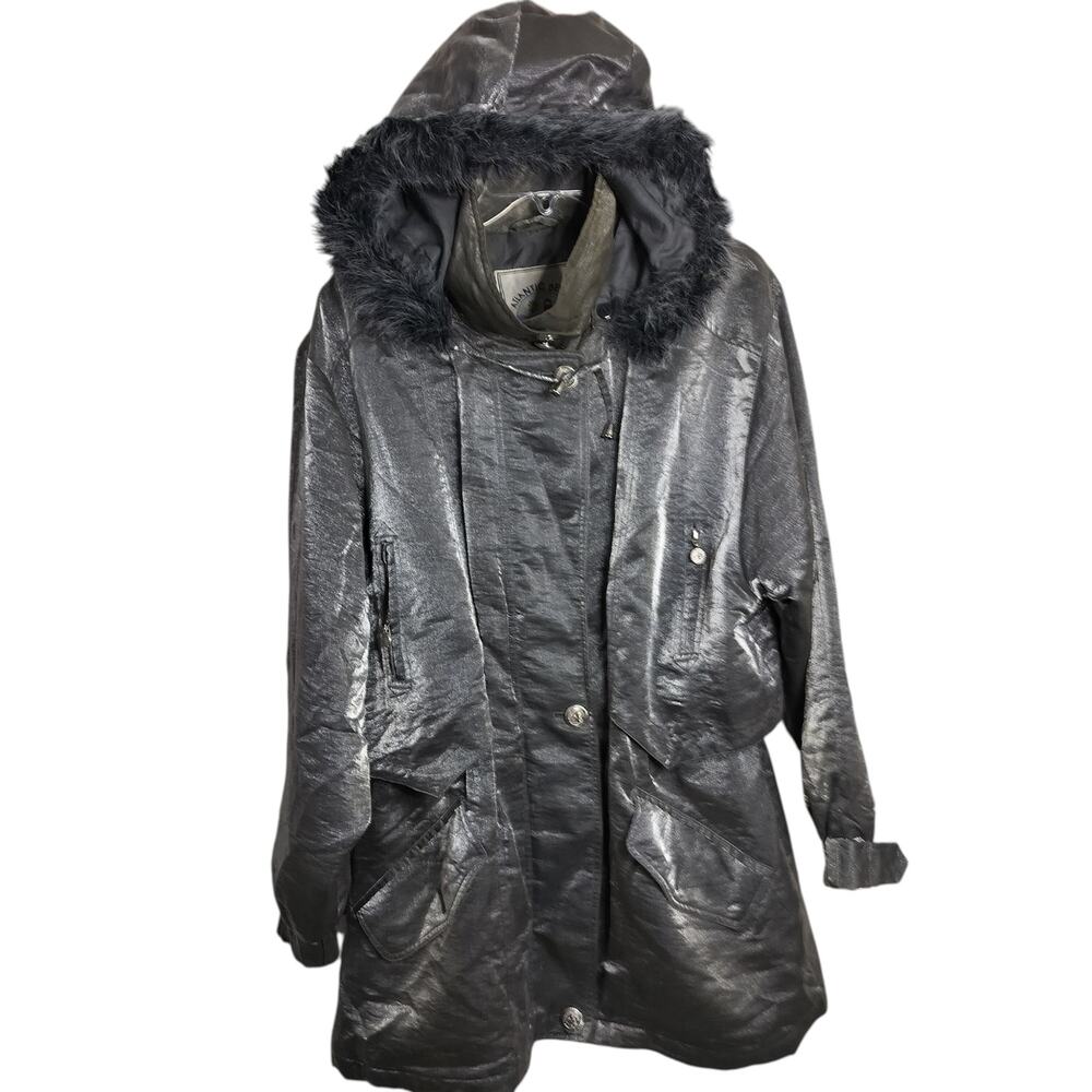 4955) Atlantic Beach Women Metallic Silver Puffer Coat Faux Fur Hood Medium